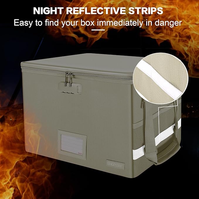 ENGPOW File Box with Lock, Fireproof Document Box with Zipper Lid, Collapsible File Storage Organizer Filing Cabinet with Handles, Portable Home Office Safe for Hanging Letter/Legal Folders, Beige