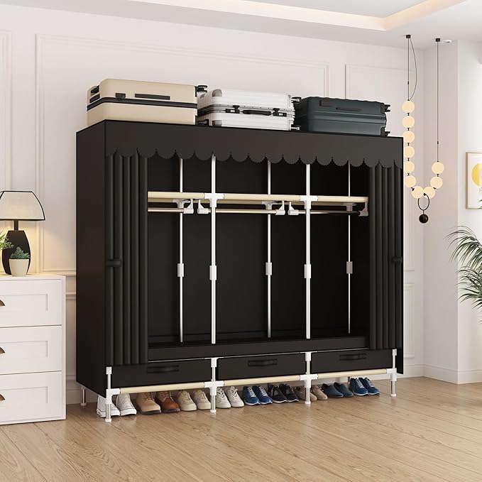 Portable Wardrobe Closet Durable and Easy to Assemble Heavy Duty Clothes Rack with Non-Woven Cover Fabric Best for Bedroom and Easy Storage and Organization (Brown-A)