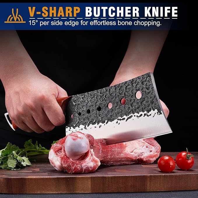 Meat Cleaver Knife Set, 2PCS Hand Forged Japanese Butcher Knife Set for Meat Cutting, Viking, Boning. Serbian Chef Knives & Sharp Kitchen Vegetable Knives for Home, Outdoor Cooking, BBQ Gift.