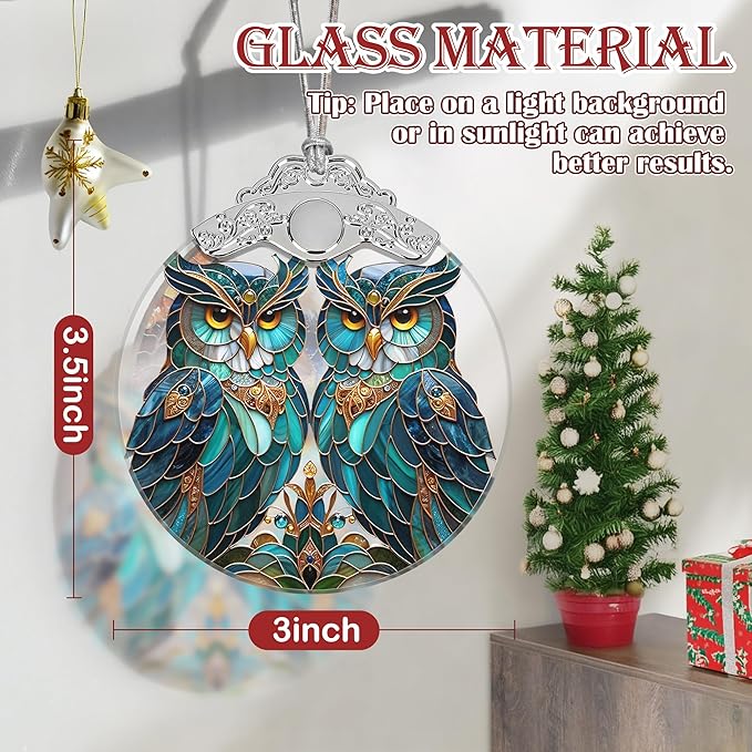 Stained Glass Owl Christmas Ornament - Two Owls, Holiday Decoration for Tree, Gift Idea