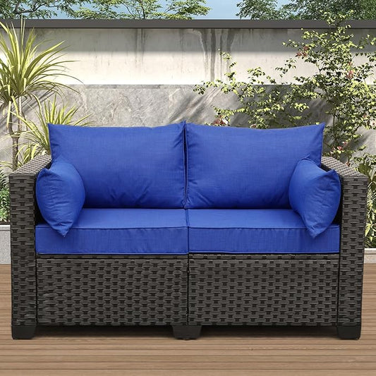 Rattaner Patio PE Wicker Sofa Outdoor Garden Love Seat Chair Couch Furniture Black Rattan with Blue Cushion