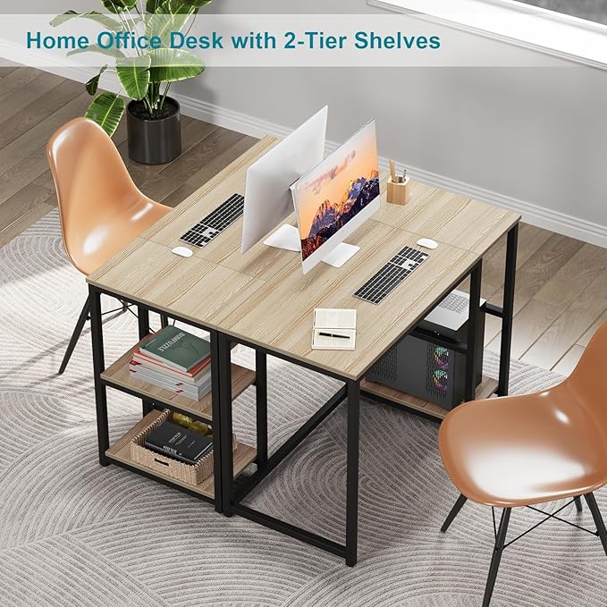 SINPAID 40'' Oak Computer Desk with Shelves, Sturdy Light Wood Desks with Storage Space, Modern Gaming Desk Study Writing Laptop Table, Beige