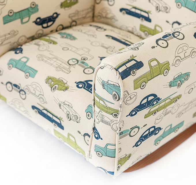Toddler Personalized Armchair, Kids Upholstered Rocking Chair with Personalization, Toddler Chair with Personalized Name, Comfy Child Armchair, (Cars & Trucks Print, Rockers)