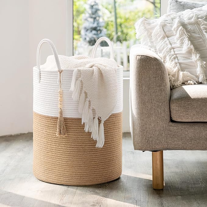 Goodpick Woven Laundry Basket Decorative Blanket Basket for Living Room, Tall Storage Basket for Clothes, Toys, Towels, Wicker Laundry Hamper 16 x 20 Inches, White and Jute