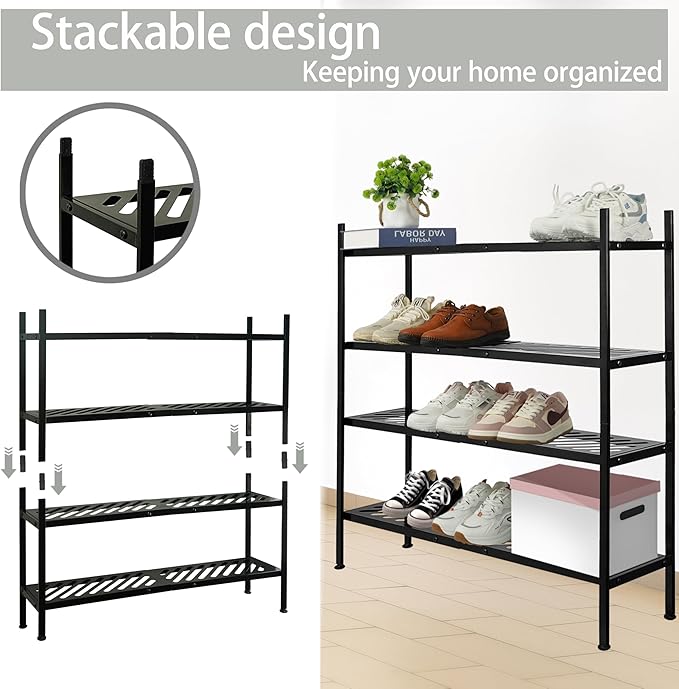 Shoe Rack - Metal Shoe Organizer 2 Tier Shoes Shelf Storage, 35 Inches Stackable Long Show Stand Holder for Closet, Entryway, Garage, Floor, Door Entrance, Black