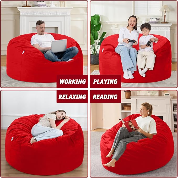 4FT Bean Bag Chair with Ultra Soft Velvet Cover Bean Bag Sofa with Memory Foam Bean Bag Chairs with Large Size Lazy Sofa for Dorm Office Living Room Bedroom Red 4'