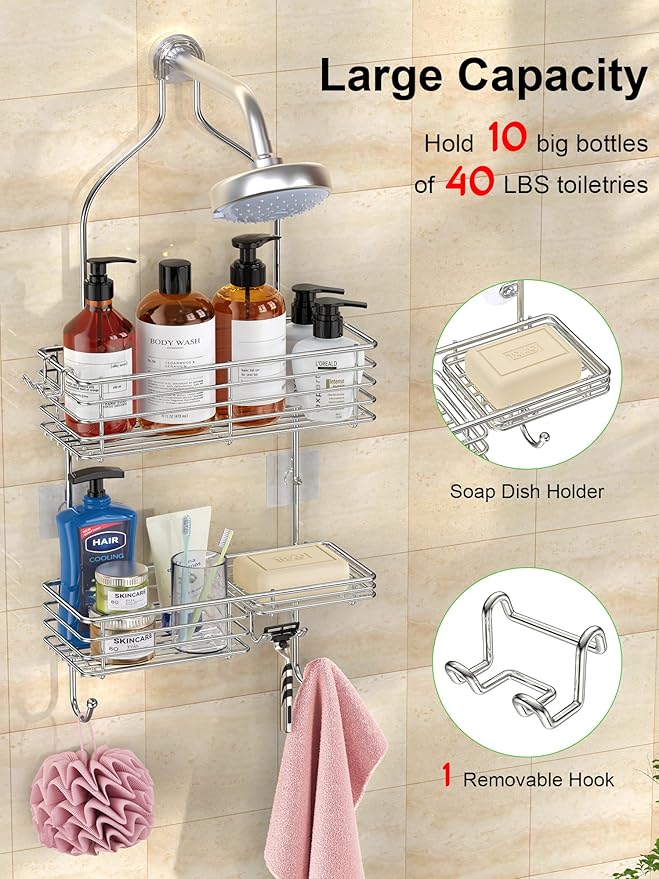 SMARTAKE Hanging Shower Head Caddy, Rustproof Bathroom Shower Shelf Organizer, SUS201 Stainless Steel Over The Storage Rack, for Toilet, Bathroom, Silver