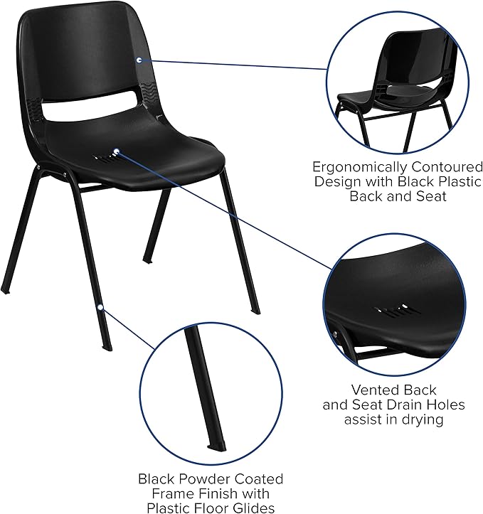 EMMA + OLIVER Black Ergonomic Shell Student Stack Chair - Classroom Chair/Office Guest Chair