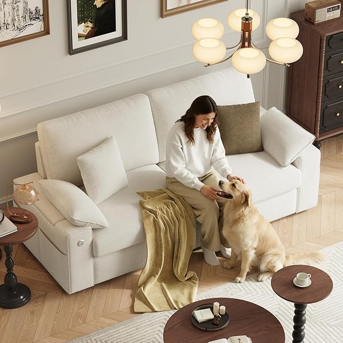 76" Loveseat Sofa, Cloud Foam Couch, 3 Seater Upholstered Midcentury Mondern Love Seat with USB Type C Ports, 4 Pillows and Flip-Open Storage Armrest for Living Room/Small Spaces, Beige