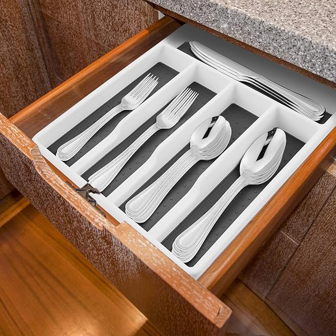 HaWare Silverware Tray for Drawer with Five Sections, Flatware Organizer/Cutlery Holder with Soft Grip Lining and Non-slip Rubber Feet, Multi-Purpose Storage for Kitchen, Office, Bathroom Supplies