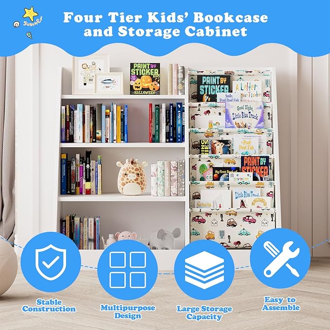 4 Tier Kids Wooden Bookshelf,Five Layer Sling Bookcase,Baby Storage Book Rack,Kids Book and Toy Organizer Cabinet Chest,Infant Book Display,Playroom Kids Room Classroom Nursery Bedroom