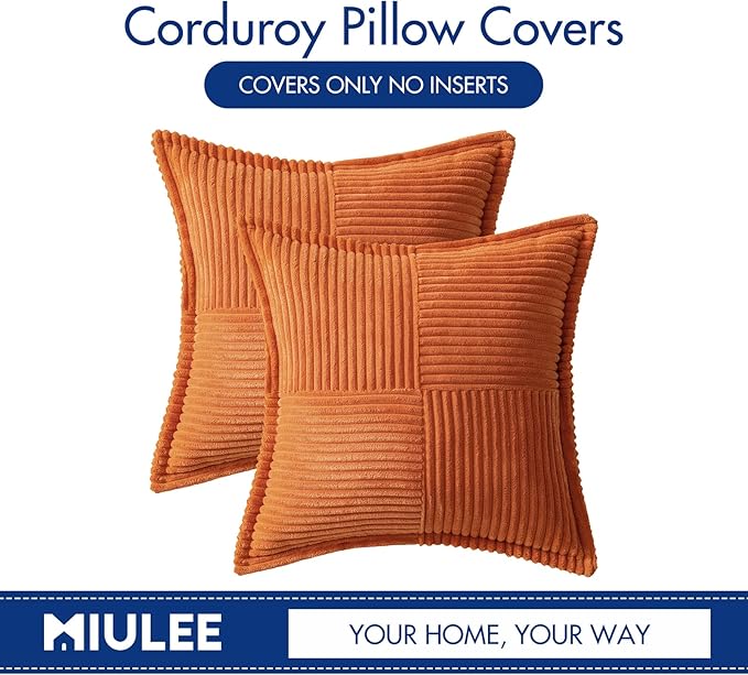 MIULEE Orange Fall Decorative Throw Pillow Covers for Couch Bed Livingroom 16x16 Inch Set of 2 Boho Accent Throw Pllows Broadside Striped Patchwork Soft Corduroy Pillowcases