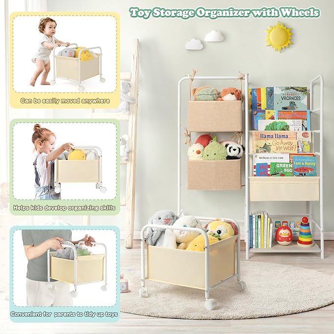 Kids Bookshelf and Toy Storage, Montessori Bookshelf, 4-Tier Baby Toddler Book Shelves, Bookshelf for Kids with Toy Storage Organizer, Book Shelf for Kids Rooms Nursery Playroom Classroom