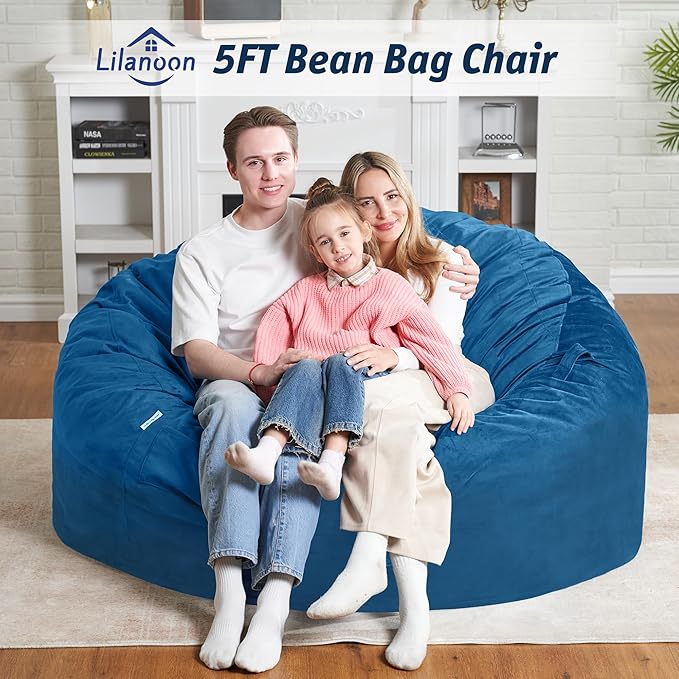 5FT Bean Bag Chair with Ultra Soft Velvet Cover Bean Bag Sofa with Memory Foam Bean Bag Chairs with Large Size Lazy Sofa for Dorm Office Living Room Bedroom Blue 5'