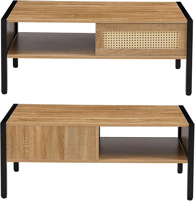 Rattan Coffee Table 40.16" Mid Century Modern Coffee Table with Storage, Farmhouse Rectangle Wooden Accent Center Sofa Table with Rattan Sliding Door for Living Room (Natural)
