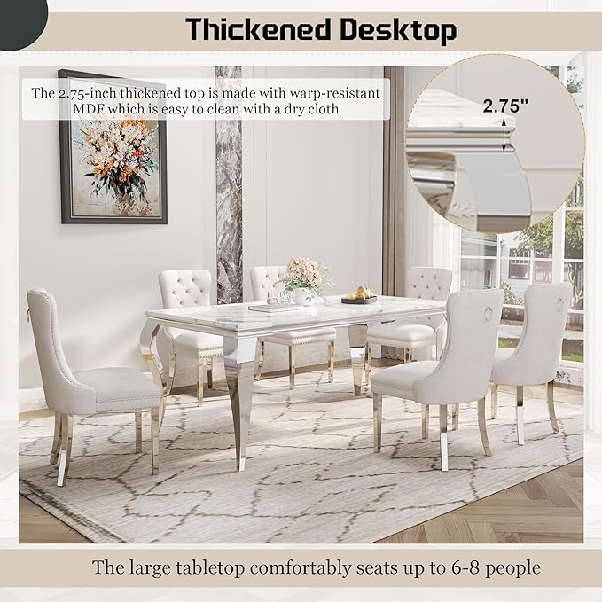 70" Large Marble Dining Table for 4-6 People, Modern Kitchen Table with Faux Marble top and Stainless Steel Leg, Perfect for Home Kitchen Living Room, White,Silver