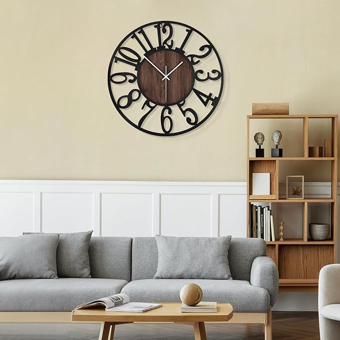 LEIKE Large Wall Clocks,Silent,Non Ticking,Battery Operated Big Retro Round Modern Wood Wall Clock for Living Room, Bedroom,Dinning Room,Farmhouse,Office,Home Decor-20 Inch(Black-Arabic Number)