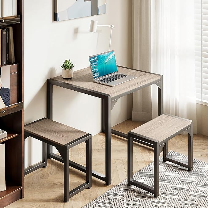 Gizoon Dining Table Set for 2, Kitchen Table Set for 2 with Steel Frame, Kitchen Table with 2 Benches for Small Space, Space Saving Design for Restaurant, Living Room, Grey