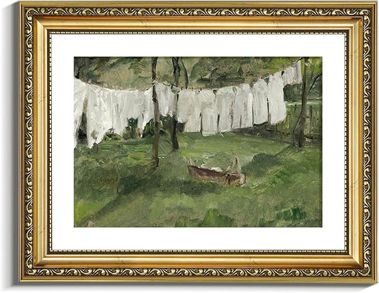 VIYYIEA Gold Framed Wall Art Canvas Print Home Decor Vintage Laundry Room Art Prints Antique Country Oil Painting Green Landscape Wall Decor Bathroom Art Wall Pictures for Living Room Bedroom 11x14in