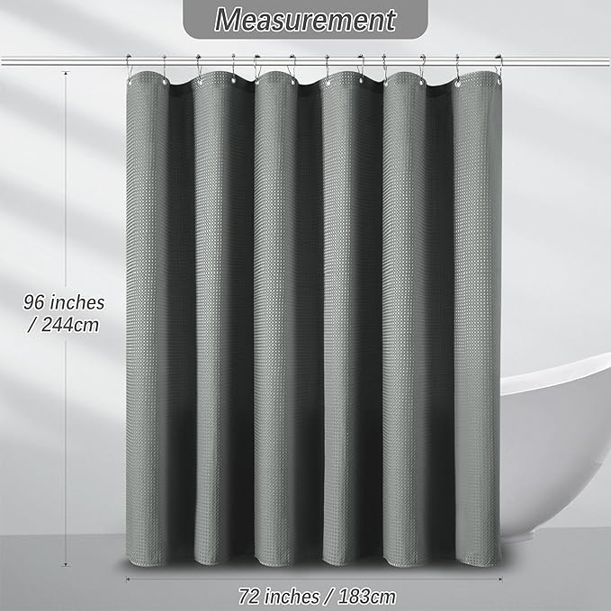 Extra Long Waffle Weave Shower Curtain 96 Inch Length Heavy Duty Shower Curtain for Bathroom, Machine Washable Water Resistant 256GSM Modern Shower Curtains with 12 Hooks, 72Wx96H Grey