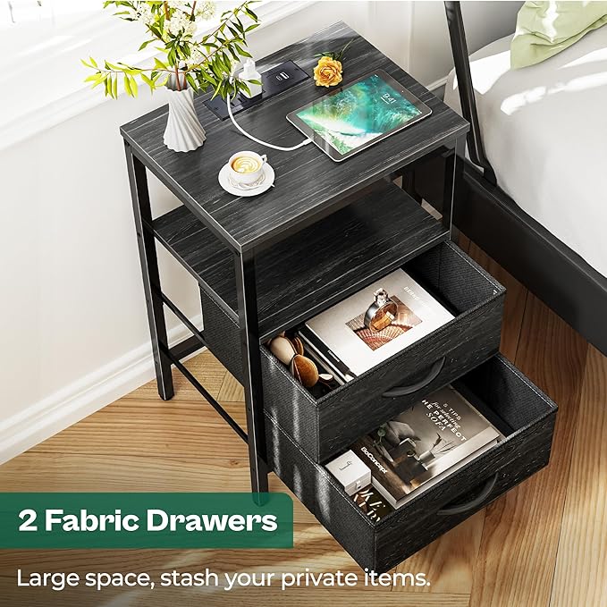 Huuger Nightstand with Charging Station, Fabric Drawers, End Table with Open Shelf, Bedside Table with USB Ports and Outlets, Night Stand for Bedroom, Charcoal Black Wood Grain Print