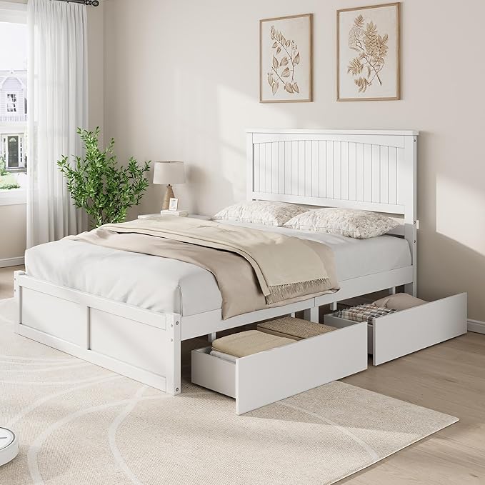 AMERLIFE Full Size Solid Wood Bed Frame with 50" Tall Headboard, Mid-Century Modern Bed with Storage Drawers, Wooden Platform Bed with 2 Drawers, No Box Spring Needed, White