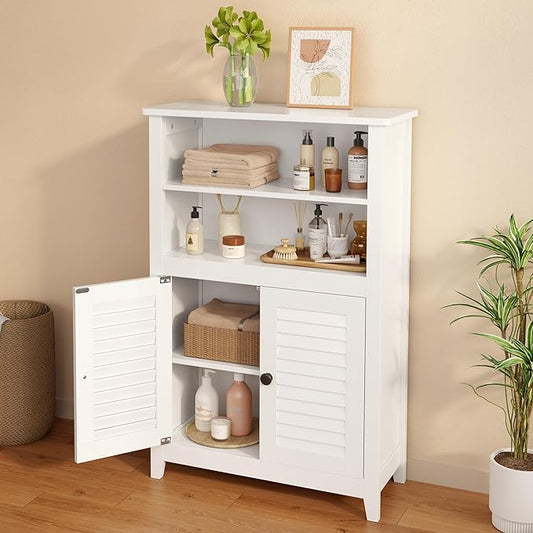 Gizoon Bathroom Floor Cabinet with Widened Top Table, Freestanding Storage Cabinet with Adjustable Shelf, 2 Shutter Doors and Concealed Hinges, for Living Room, Entryway, Kitchen, White