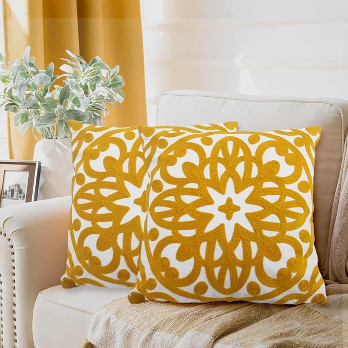 Alysheer Embroidered Decorative Throw Pillow Covers 18"x18" Set of 2 Pieces, Cozy Boho Mandala Knit Pattern, Durable 100% Cotton Canvas，Mustard Yellow Cushion Cases for Sofa Couch Living Room (Gold)