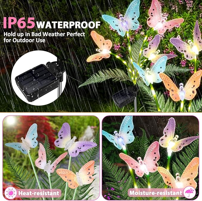 Solar Lights Outdoor Decorations Waterproof Newest Solar Garden Lights with Glowing Stems, 7-Color Changing Butterfly Flower Light for Outside Yard Pathway Garden Decor, Gift for Mother,2Pack