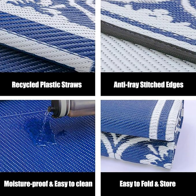 Patio Rug 5'x8' Waterproof Outside Area Rugs Reversible Light Blue Outdoor Plastic Straw Carpet for RV Deck Camping Entryance Porch Picnic Balcony Beach