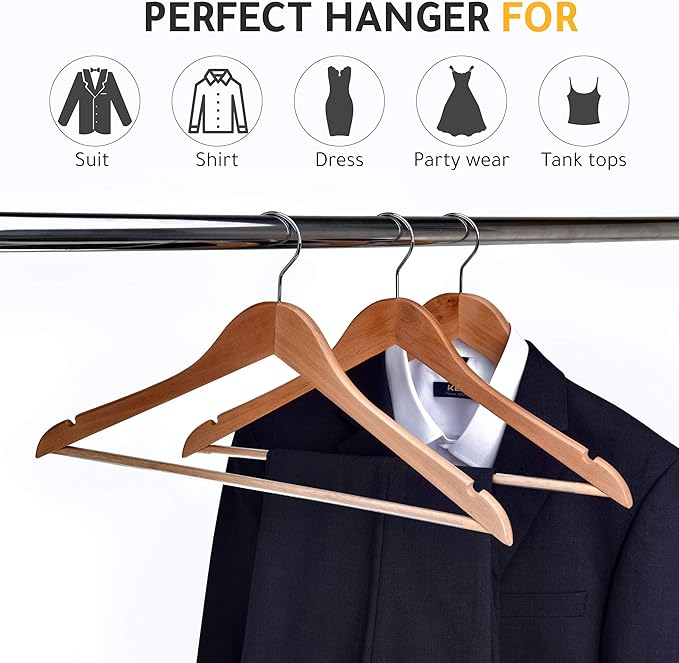 Quality Wooden Hangers - Semi Contoured Hanger Set in 20-Pack - Solid Wood Coat Hangers with Stylish Chrome Hooks - Heavy-Duty Clothes, Jacket, Shirt, Pants, Suit Curved Hangers (Natural, 20)