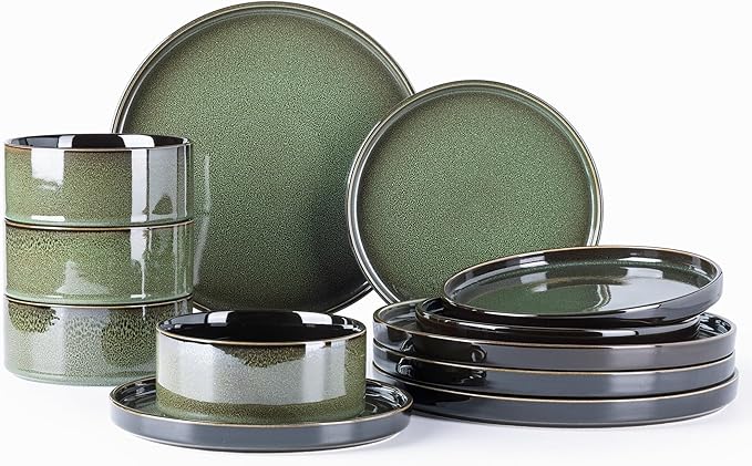 LERATIO Ceramic Dinnerware Sets for 4,Round Reactive Glaze Ceramic Plates and Bowls Set,Highly Chip and Crack Resistant | Dishwasher & Microwave Safe Dishes Set,Service for 4 (12pc)-Green