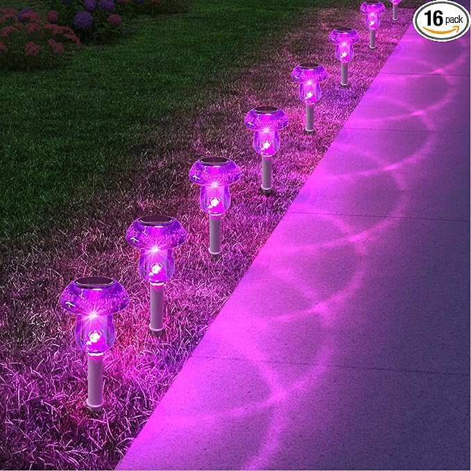 Solar Lights Outdoor, 16 Pack Mushroom Lights Outside Waterproof, Solar Powered LED Lighting for Garden, Yard, Landscape, Path, Pathway, Lawn, Walkway, Driveway, Backyard Halloween Decor (Purple)