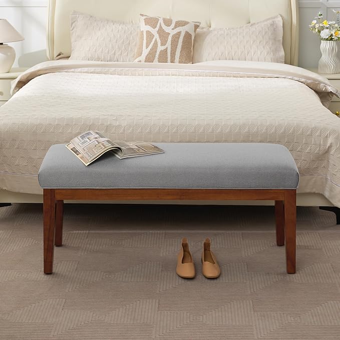 43.5'' Linen Bedroom Bench, Upholstered End of Bed Bench, Padded Vintage Dining Bench, Entryway Bench with Solid Wood Legs, Kitchen, Living Room, Hallway, Light Grey