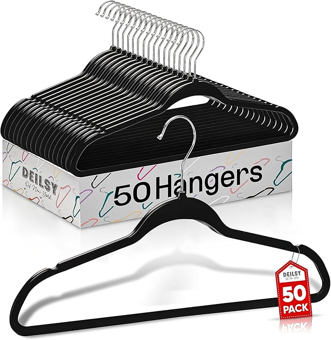 DEILSY™ Black Hangers 50 Pack - Thin Slim Space Saving, Plastic Hangers, Non Velvet Plastic Hanger for Closet Organization Hanger for Clothes Adult