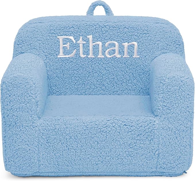 Delta Children Personalized Sherpa Cozee Chair - Customize with Name – Foam Kids Chair for Ages 18 Months and Up, Powder Blue