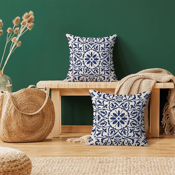 Navy Blue Boho Pillow Covers 20x20 Set of 2, Bohemian Ethnic Carpet Pattern Design Decorative Throw Pillows Linen Blue Print Farmhouse Cushion Pillow Covers for Sofa Couch Outdoor Decor