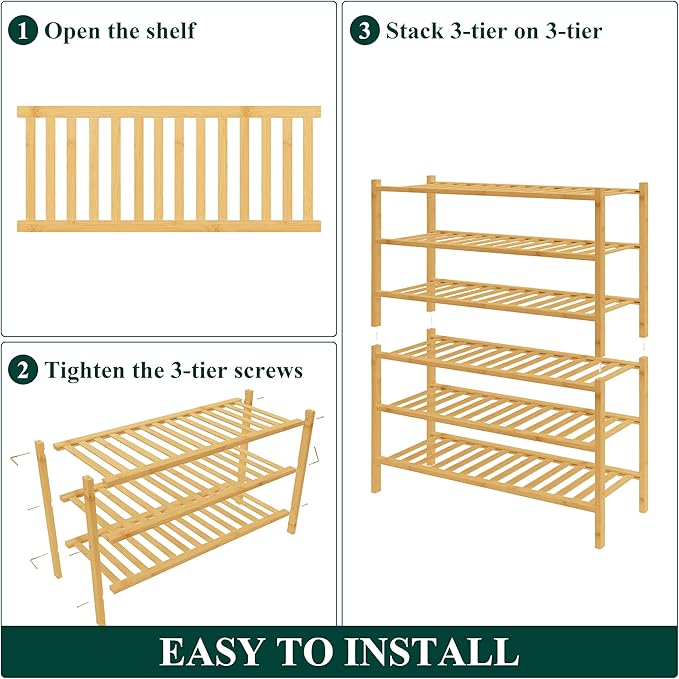 Smiry Bamboo Shoe Rack for Closet, 6 Tier Wooden Stackable Shoe Organizer, Free Standing Shoes Storage Shelf for Entryway, Front Door Entrance, Natural