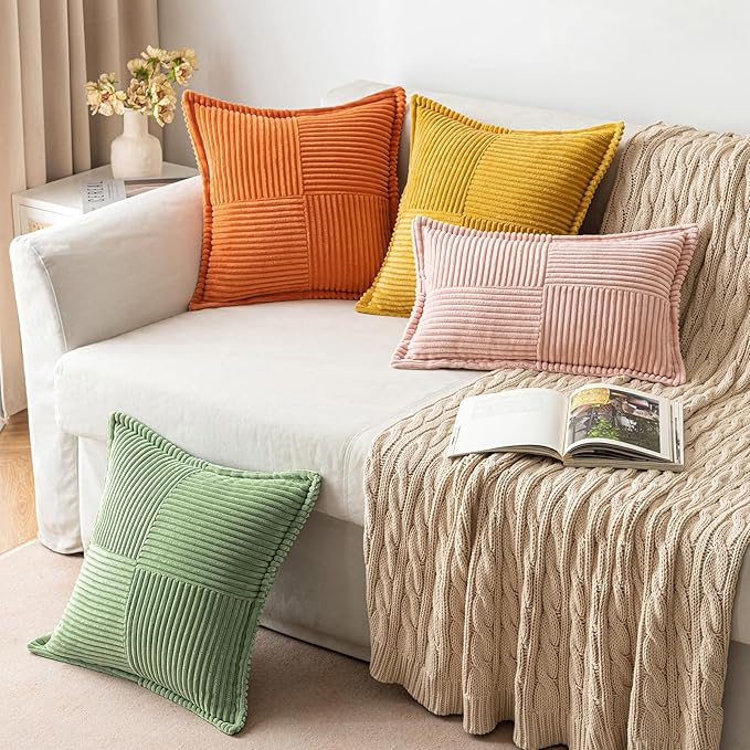 MIULEE Orange Fall Decorative Throw Pillow Covers for Couch Bed Livingroom 18x18 Inch Set of 2 Boho Accent Throw Pllows Broadside Striped Patchwork Soft Corduroy Pillowcases