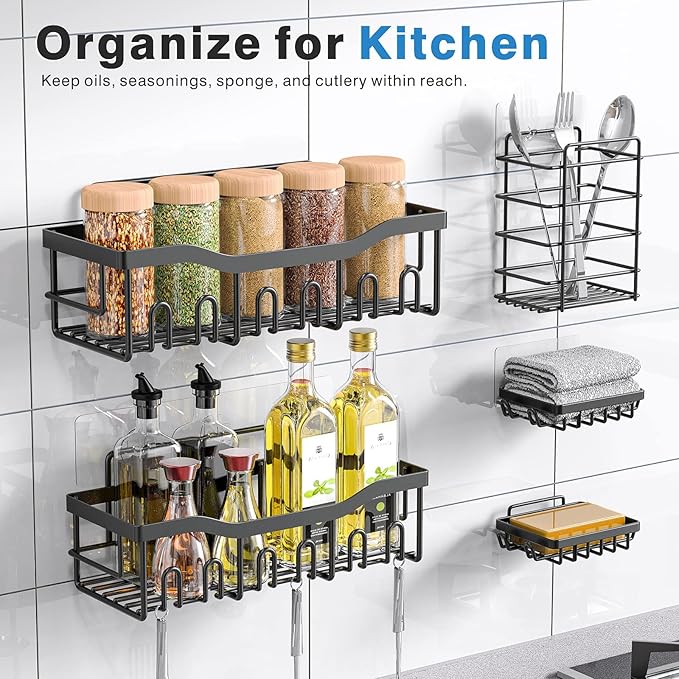 5-Pack Rustproof Stainless Steel Shower Caddy Set– No Drill Adhesive Bathroom Organizer, Space-Saving Shower Shelves for Apartment Essentials, Bathroom/Kitchen Storage Home Decor-L Size