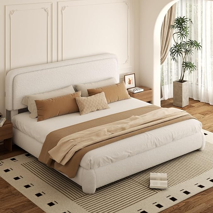 King Bed Frame, Teddy Velvet Boucle Bed Frame with 43.3"/45.3" Adjustable Upholstered Headboard, Rounded Corners, Mattress Foundation, No Box Spring Required, White