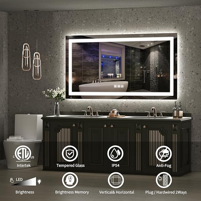 LED Mirror for Bathroom, 55x30 Inch Backlit + Front Lighted Bathroom Vanity Mirror with Lights, Double Light Strips, 3 Colors, Shatter-Proof, Anti-Fog and Brightness Memory