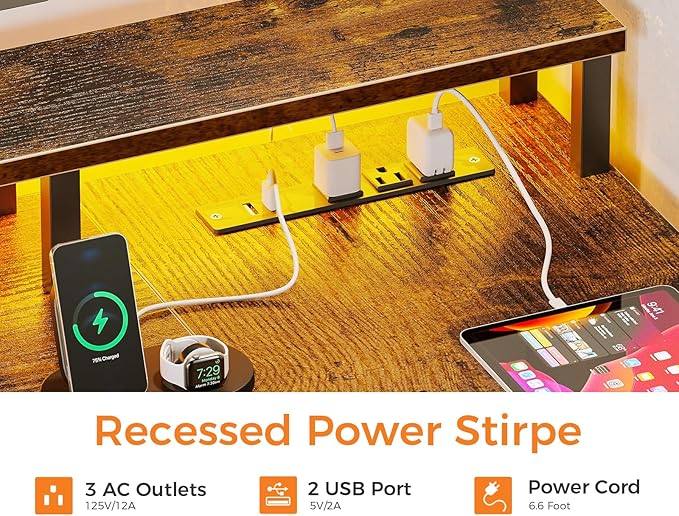 ODK L Shaped Desk with File Drawer, 66" Reversible L Shaped Computer Desk with Power Outlet & LED Strip, Office Desk with Storage Shelves, Gaming Desk with Monitor Shelf, Corner Desk, Vintage