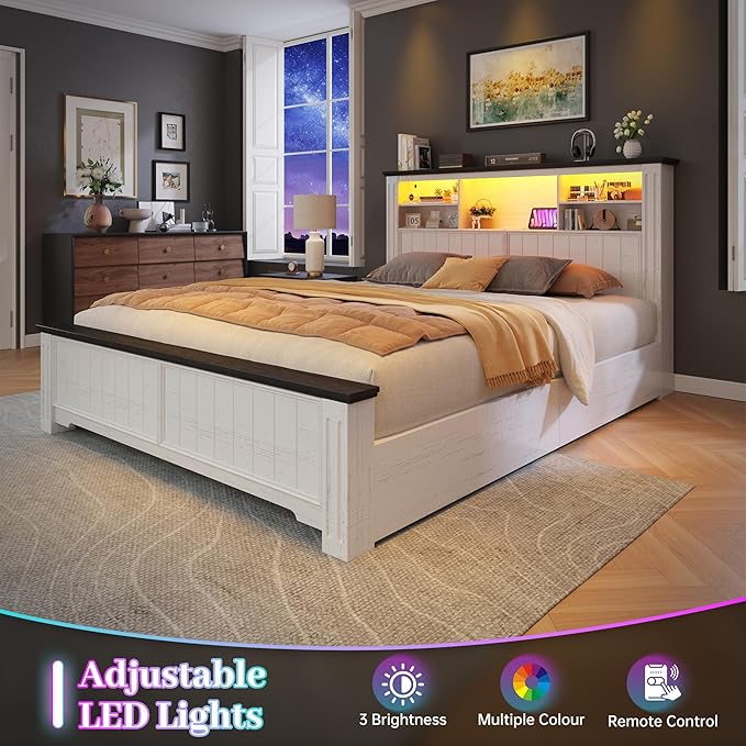 EnHomee Full Size Bed Frame with Headboard, Full Bed Frame with 4 Drawers Charging Port & LED, Farmhouse Bed Full Built in Charging Station,No Box Spring Needed,NO Noise,White with Grain Marks