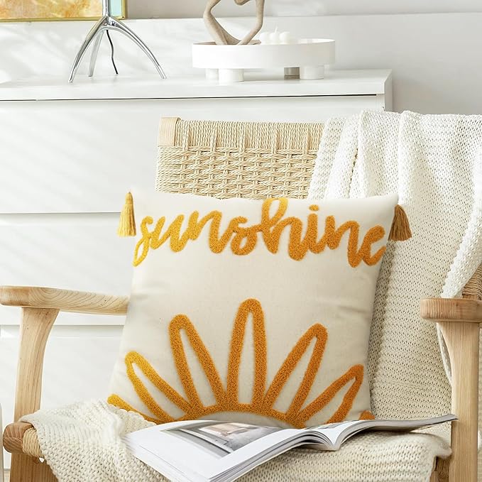 Merrycolor Boho Tufted Decorative Throw Pillow Covers 18x18 with Tassels Sunshine Bohemian Pillow Covers Cushion Covers for Couch Sofa Bedroom Living Room Yellow Beige 1PC