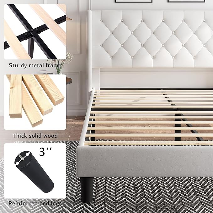 iPormis Full Size Velvet Platform Bed Frame with Button Tufted Headboard, Upholstered Bed Frame with Solid Wooden Slats, 8" Underbed Space, No Box Spring Needed, Noise Free, Easy Assembly, White