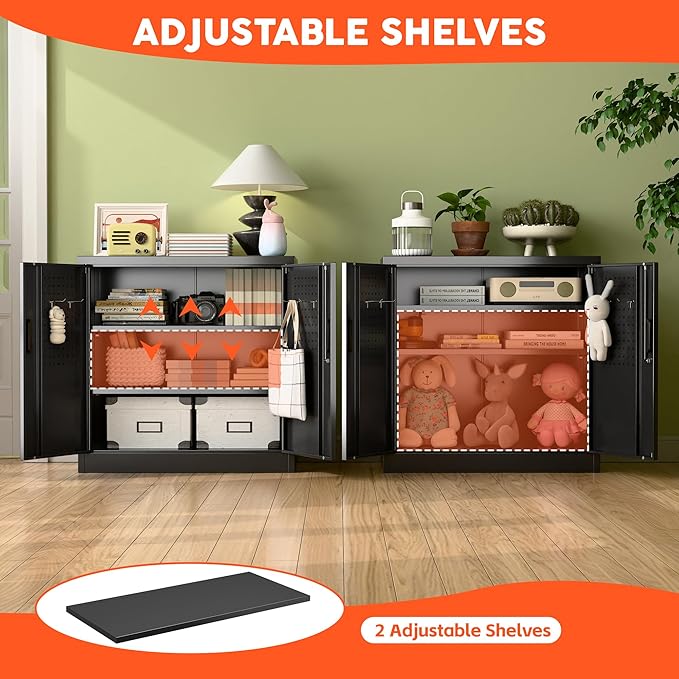 Aobabo 31.5" H Metal Storage Cabinet with 2 Shelves, Steel Lockable Cabinet with 4 Hooks for Home Office Garage, Black, Assembly Required