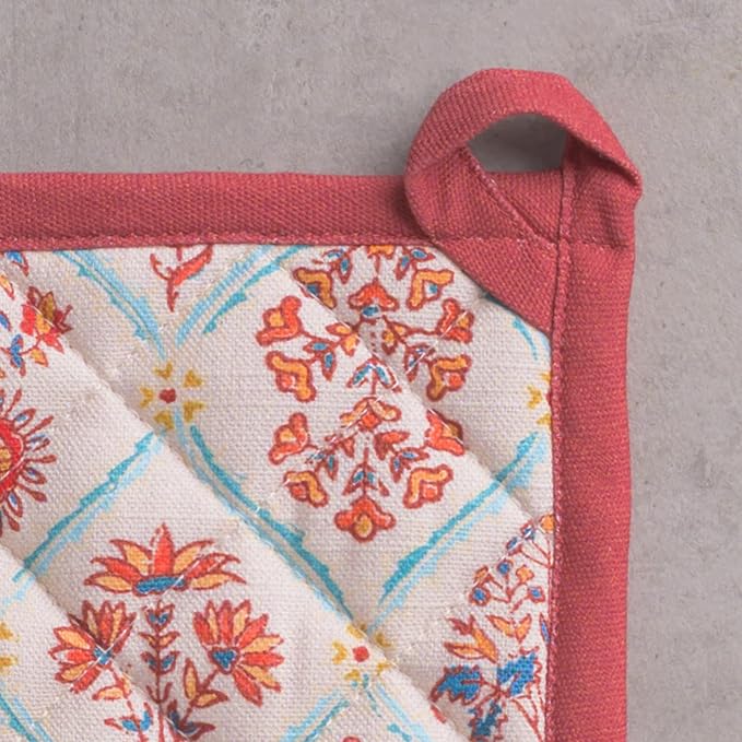 Maison d' Hermine Pot Holders Set 100% Cotton Heat Resistant Potholders 8" x 8" Hot Pads with Loop for Thanksgiving Christmas Decorations BBQ Cooking Baking Handling Hot Pans (Pack of 2, Romane)