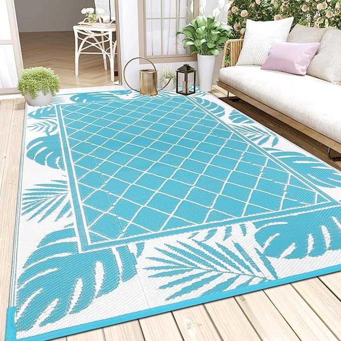 Ileading Outdoor Rug Carpet for Patio 5' x7' Waterproof Reversible Plastic Straw Rug Portable Outside Area Rug Camping Mat for Patio, Clearance, Balcony, Picnic, Pool, Beach, RV, Deck, Leaf Teal