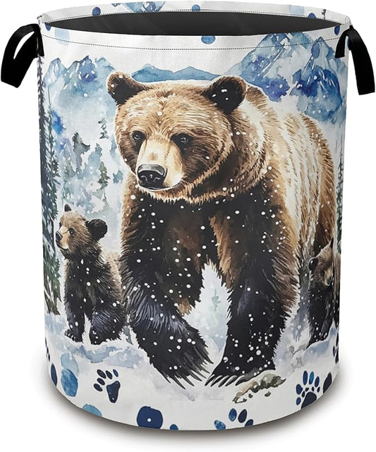 Bear Bear Collapsible Laundry Baskets,Paws Forest Laundry Hamper,Storage Basket with Handles for Bathroom Bedroom College Dormitory Living Room Nursery Organizer 16"x20"